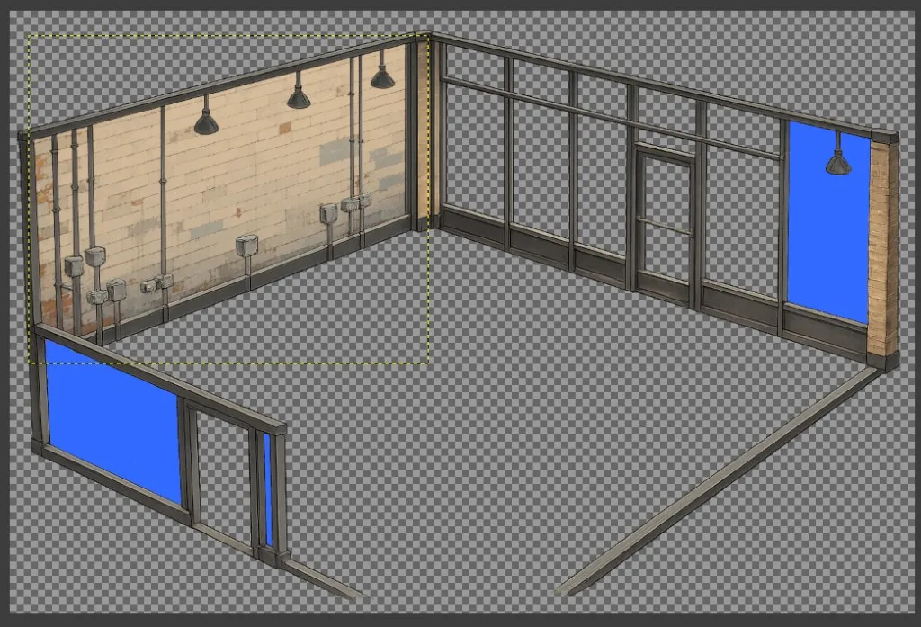 Early isometric screenshot of an empty laundrette interior with brick walls, storefront windows, and pendant lights.