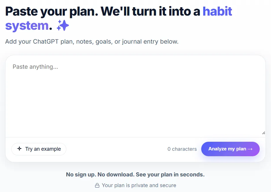 The Ascend plan import UI with a paste field, example button, and Analyse my plan action.